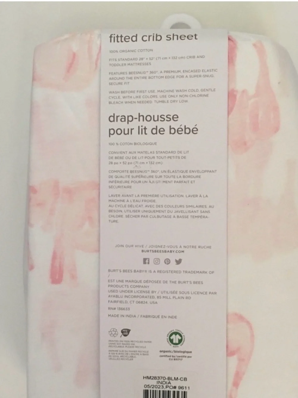 Fitted Crib Sheet Organic Cotton Pink Elephant Print Baby Gift | Burt’s Bees